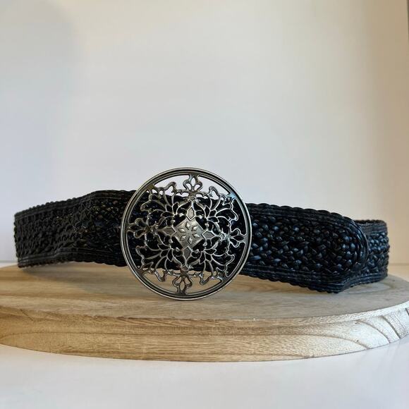 Black Woven Weaved Vegan Leather Free Size Round Buckle Belt Size Large - Picture 2 of 11